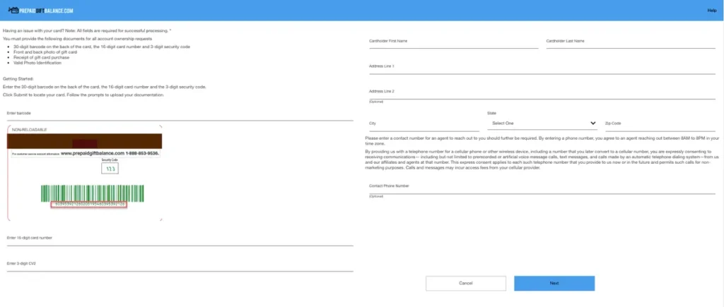 prepaidgiftbalance com not working